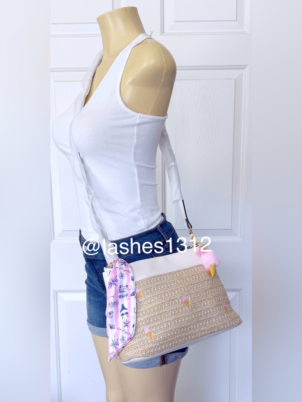BCBGeneration Straw Crossbody Satchel with Ice Cream Cones and Scarf - Picture 7 of 8